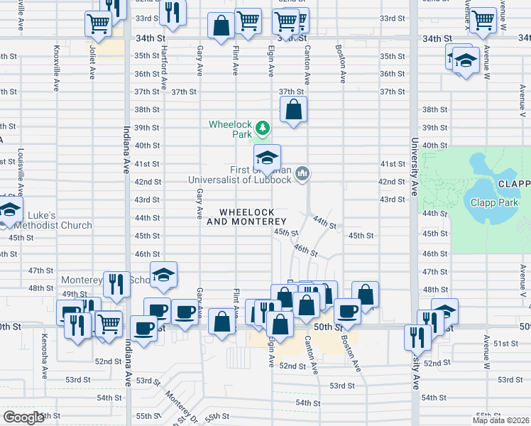 map of restaurants, bars, coffee shops, grocery stores, and more near in Lubbock