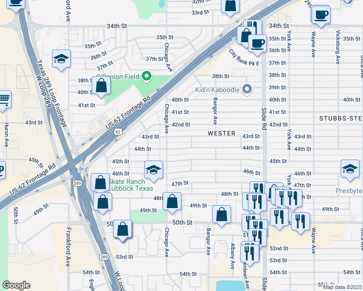map of restaurants, bars, coffee shops, grocery stores, and more near 5421 43rd Street in Lubbock