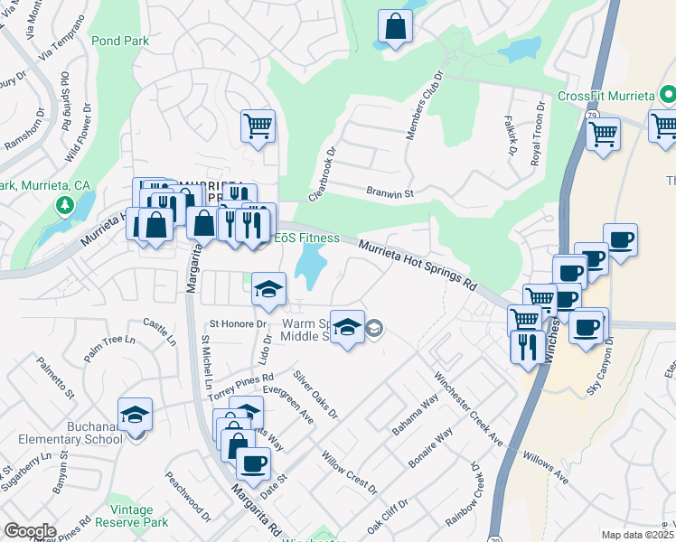 map of restaurants, bars, coffee shops, grocery stores, and more near 39011 Agua Vista in Murrieta