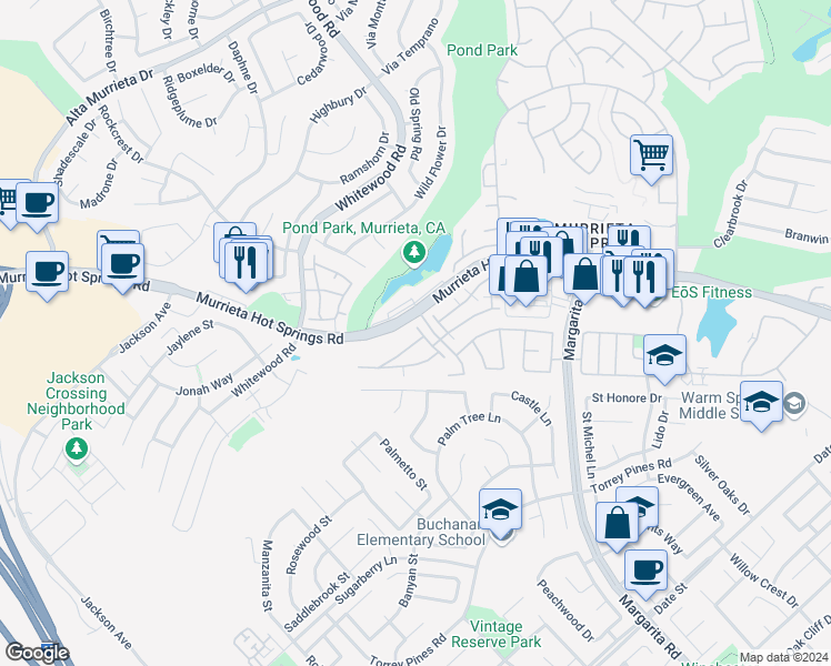 map of restaurants, bars, coffee shops, grocery stores, and more near 26130 Williams Way in Murrieta