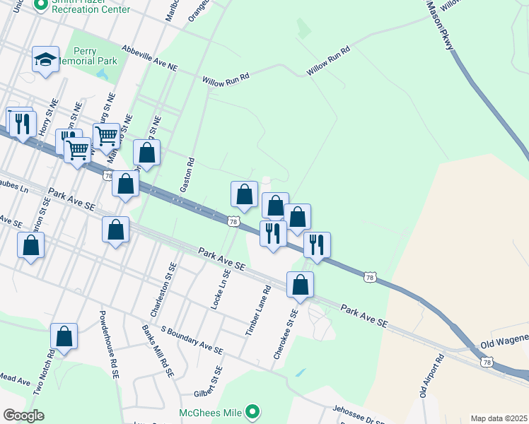 map of restaurants, bars, coffee shops, grocery stores, and more near 117 Warehouse Road in Aiken