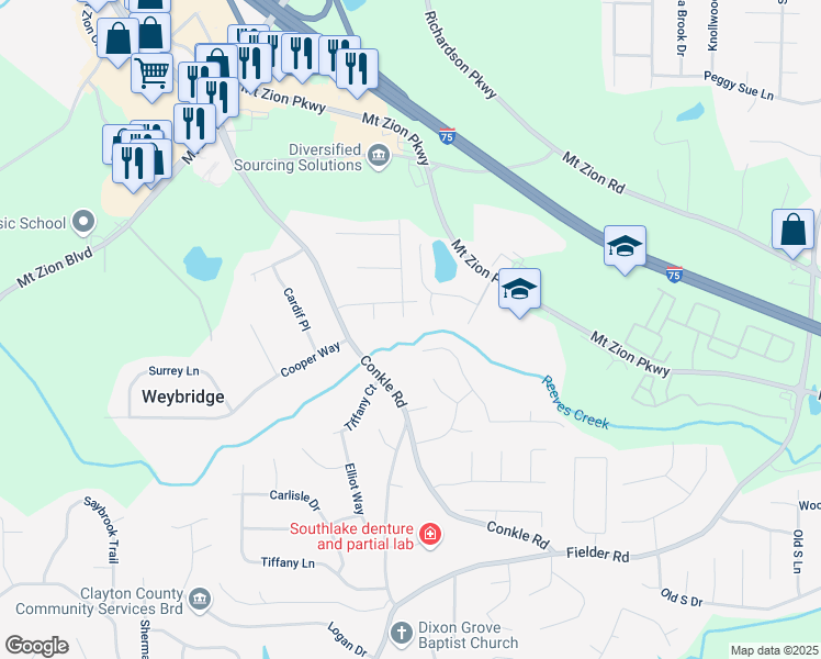 map of restaurants, bars, coffee shops, grocery stores, and more near 7326 Leland Lane in Jonesboro