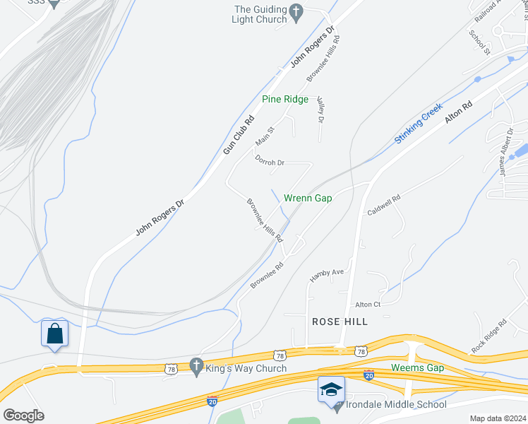 map of restaurants, bars, coffee shops, grocery stores, and more near 1800 Dorroh Road in Irondale