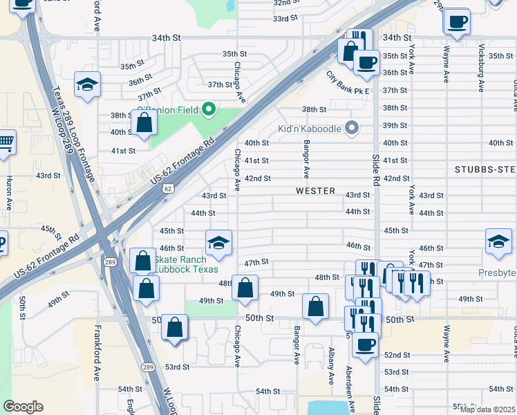map of restaurants, bars, coffee shops, grocery stores, and more near 5421 43rd Street in Lubbock