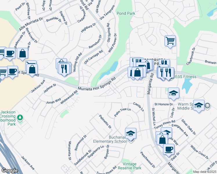 map of restaurants, bars, coffee shops, grocery stores, and more near 26130 Williams Way in Murrieta