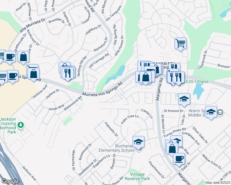 map of restaurants, bars, coffee shops, grocery stores, and more near 26133 Williams Way in Murrieta