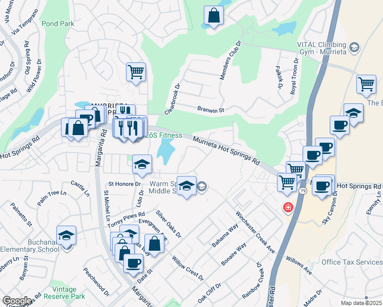 map of restaurants, bars, coffee shops, grocery stores, and more near 39058 Agua Vista in Murrieta