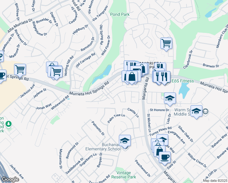 map of restaurants, bars, coffee shops, grocery stores, and more near 39731 Princeton Way in Murrieta