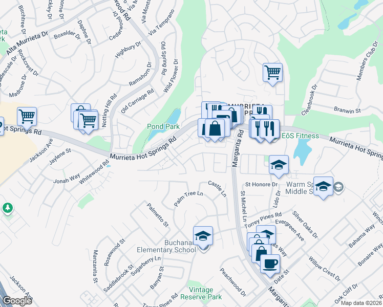 map of restaurants, bars, coffee shops, grocery stores, and more near 39605 Vanderbilt Avenue in Murrieta