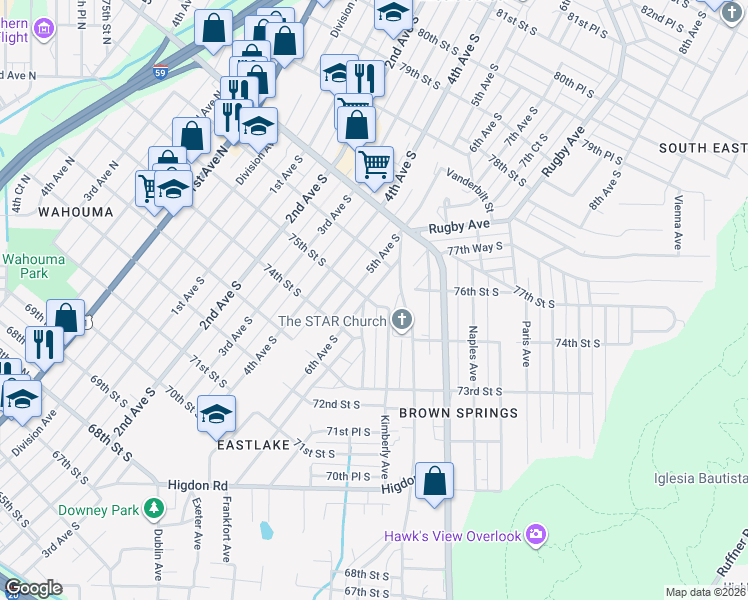 map of restaurants, bars, coffee shops, grocery stores, and more near 7509 5th Avenue South in Birmingham