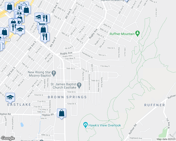 map of restaurants, bars, coffee shops, grocery stores, and more near 7701 8th Avenue South in Birmingham