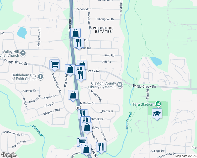 map of restaurants, bars, coffee shops, grocery stores, and more near 7311 Howard Place in Jonesboro