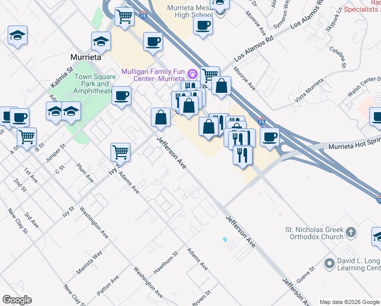 map of restaurants, bars, coffee shops, grocery stores, and more near 41301 Los Alamos Road in Murrieta