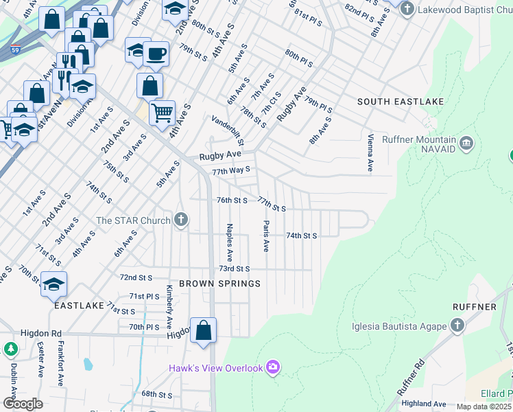 map of restaurants, bars, coffee shops, grocery stores, and more near 754 76th Street South in Birmingham