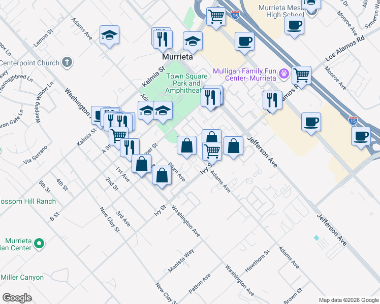 map of restaurants, bars, coffee shops, grocery stores, and more near 24911 Adams Avenue in Murrieta
