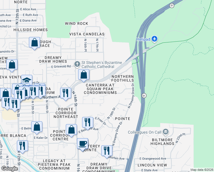 map of restaurants, bars, coffee shops, grocery stores, and more near 8116 North 18th Place in Phoenix