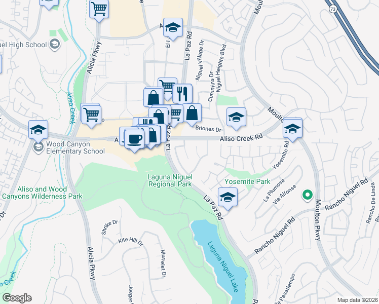 map of restaurants, bars, coffee shops, grocery stores, and more near 28122 Camellia Court in Laguna Niguel