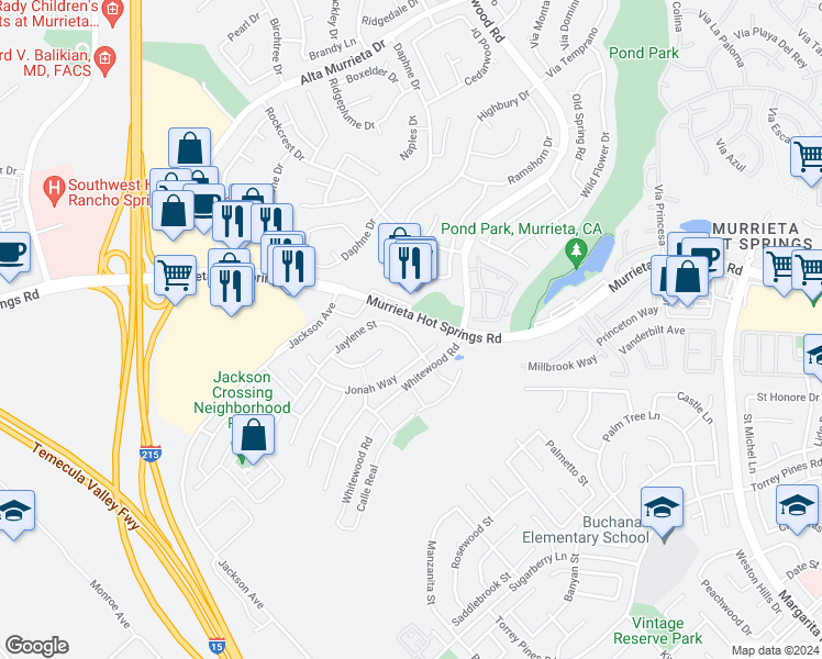 map of restaurants, bars, coffee shops, grocery stores, and more near 26214 Jaylene Street in Murrieta