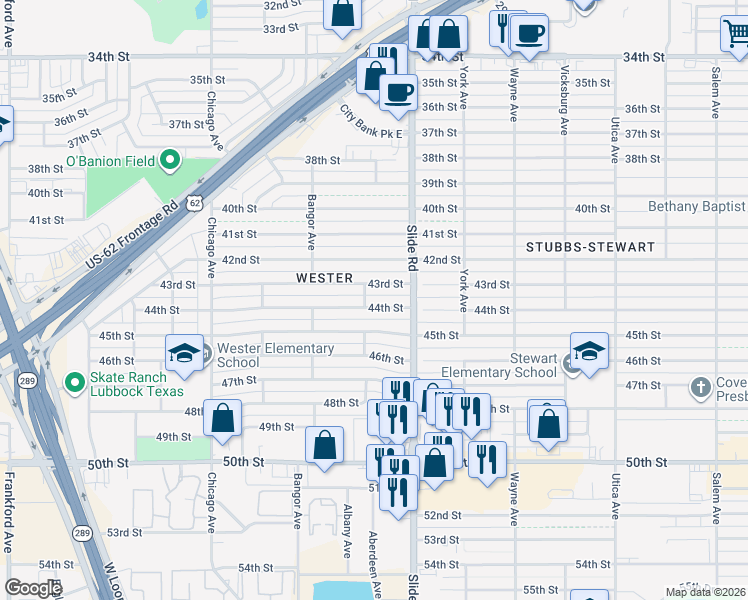 map of restaurants, bars, coffee shops, grocery stores, and more near 5207 43rd Street in Lubbock