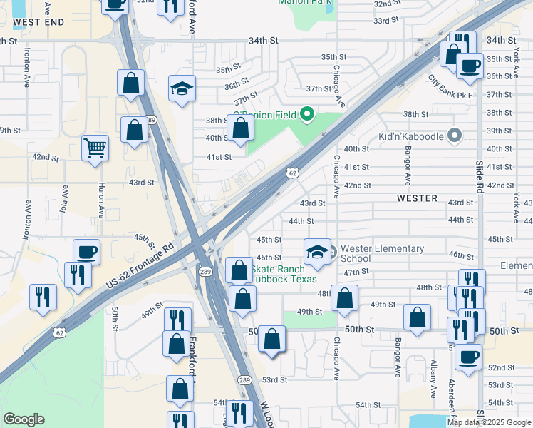map of restaurants, bars, coffee shops, grocery stores, and more near 5623 Marsha Sharp Freeway in Lubbock