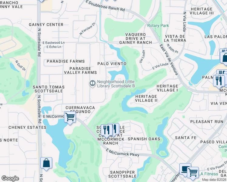 map of restaurants, bars, coffee shops, grocery stores, and more near 7625 East Vía Del Placito in Scottsdale