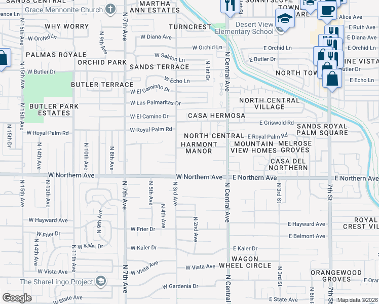 map of restaurants, bars, coffee shops, grocery stores, and more near 218 West Harmont Drive in Phoenix