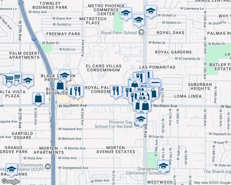 map of restaurants, bars, coffee shops, grocery stores, and more near 2121 West Royal Palm Road in Phoenix
