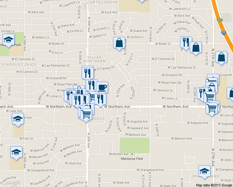 map of restaurants, bars, coffee shops, grocery stores, and more near 8101 North 33rd Drive in Phoenix