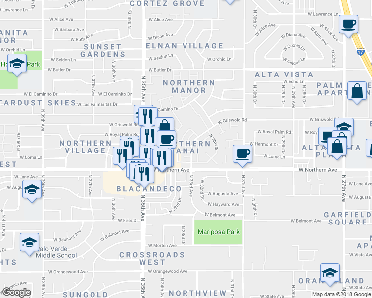 map of restaurants, bars, coffee shops, grocery stores, and more near 8101 North 33rd Drive in Phoenix