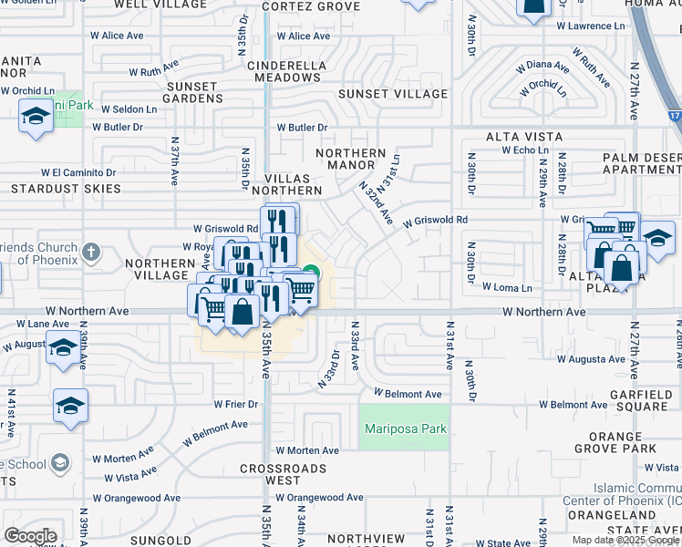map of restaurants, bars, coffee shops, grocery stores, and more near 8101 North 33rd Drive in Phoenix
