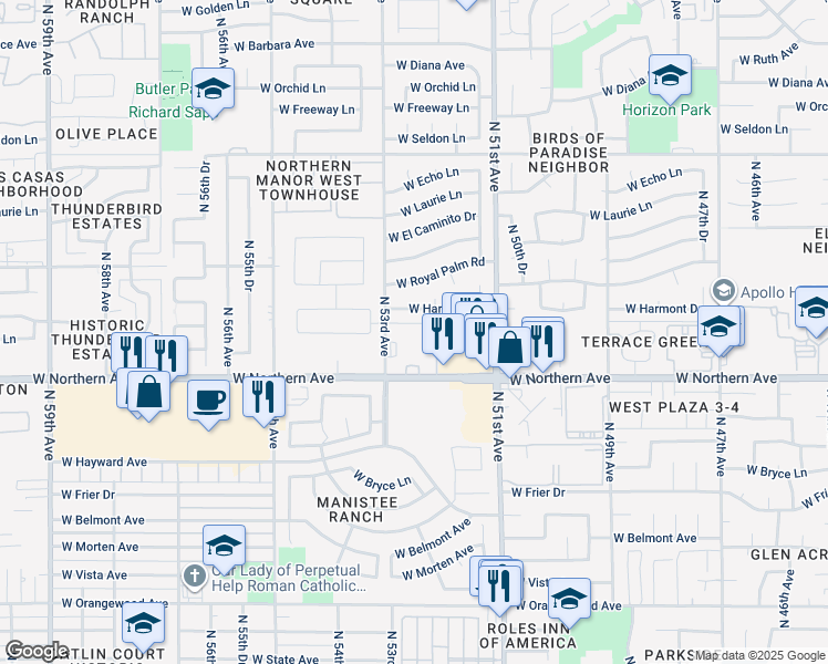 map of restaurants, bars, coffee shops, grocery stores, and more near 5215 West Harmont Drive in Glendale