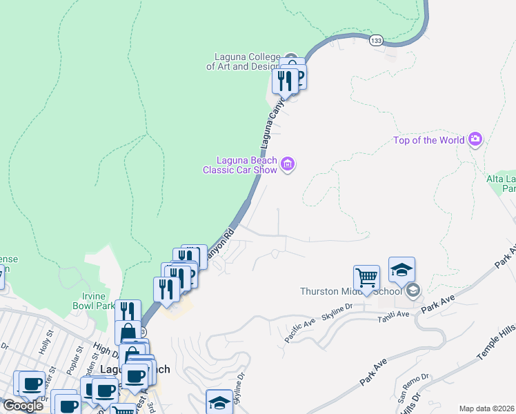 map of restaurants, bars, coffee shops, grocery stores, and more near 1605 Arroyo Drive in Laguna Beach
