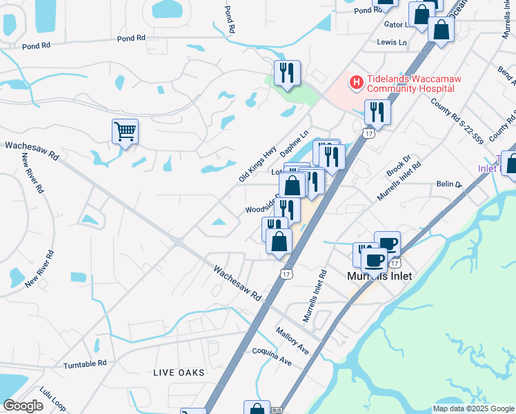 map of restaurants, bars, coffee shops, grocery stores, and more near 4440 Woodside Drive in Murrells Inlet