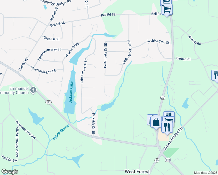 map of restaurants, bars, coffee shops, grocery stores, and more near 4902 Cedar Court Southeast in Conyers
