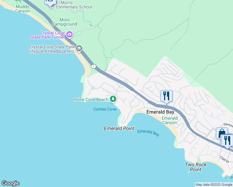 map of restaurants, bars, coffee shops, grocery stores, and more near 115 Irvine Cove Drive in Laguna Beach