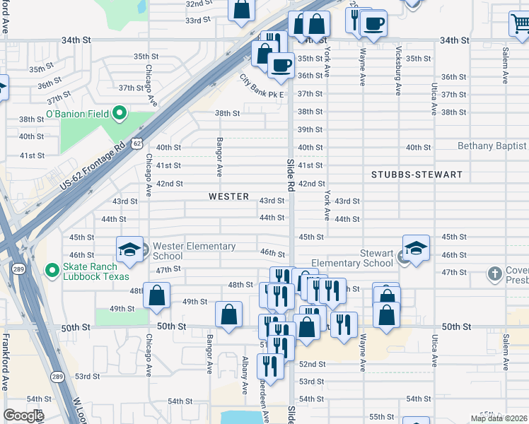 map of restaurants, bars, coffee shops, grocery stores, and more near 5207 43rd Street in Lubbock