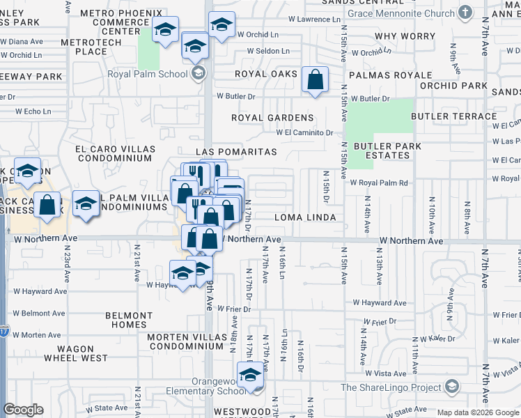map of restaurants, bars, coffee shops, grocery stores, and more near 1726 West Harmont Drive in Phoenix