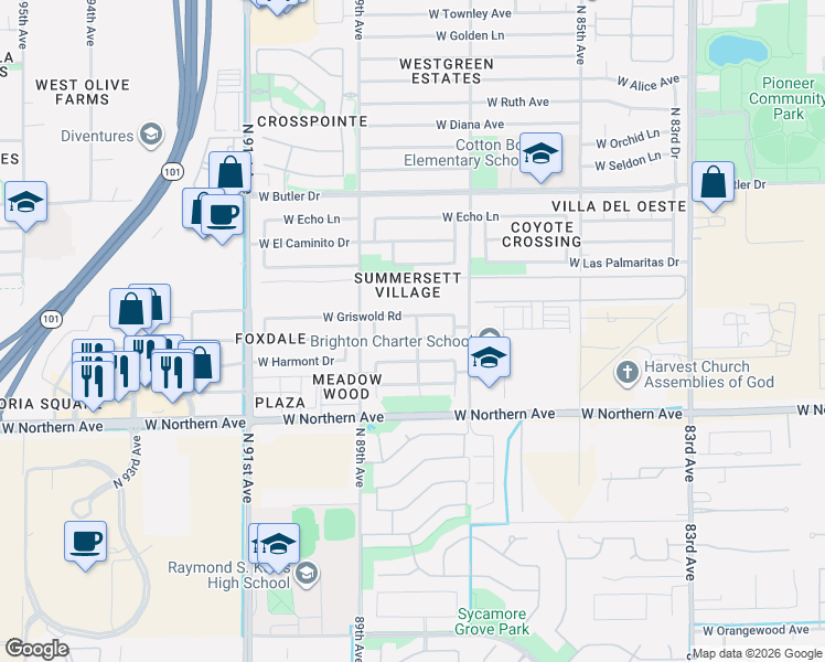 map of restaurants, bars, coffee shops, grocery stores, and more near 8814 West Royal Palm Road in Peoria