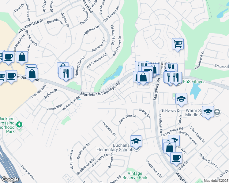 map of restaurants, bars, coffee shops, grocery stores, and more near 26130 Williams Way in Murrieta