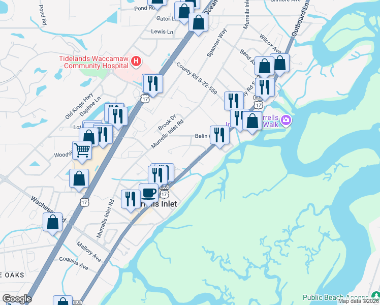 map of restaurants, bars, coffee shops, grocery stores, and more near 17 Cottage Drive in Murrells Inlet