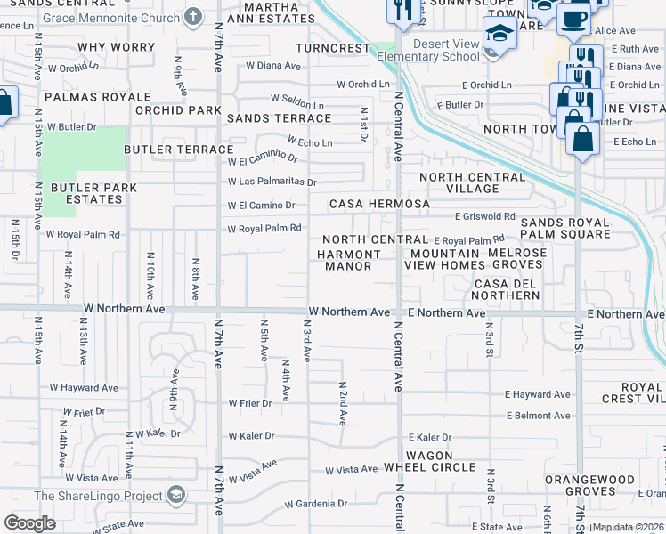 map of restaurants, bars, coffee shops, grocery stores, and more near 218 West Harmont Drive in Phoenix