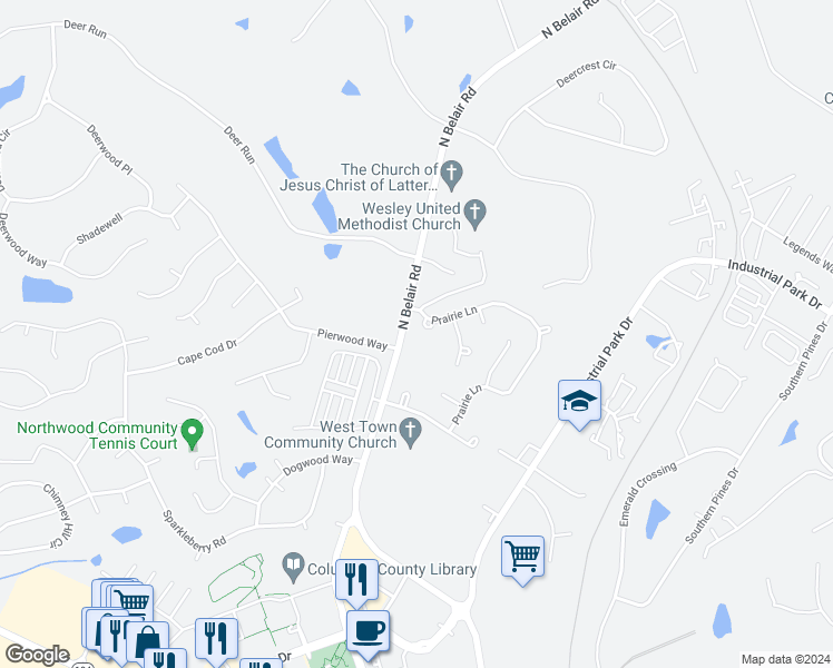 map of restaurants, bars, coffee shops, grocery stores, and more near 924 Prairie Circle in Evans