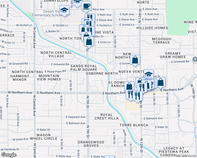 map of restaurants, bars, coffee shops, grocery stores, and more near 750 East Northern Avenue in Phoenix