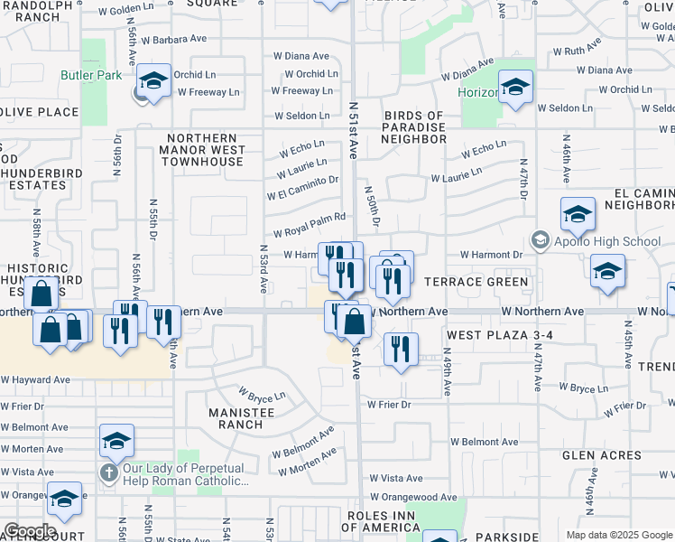 map of restaurants, bars, coffee shops, grocery stores, and more near 8080 North 51st Avenue in Glendale