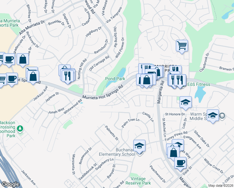 map of restaurants, bars, coffee shops, grocery stores, and more near 26130 Williams Way in Murrieta