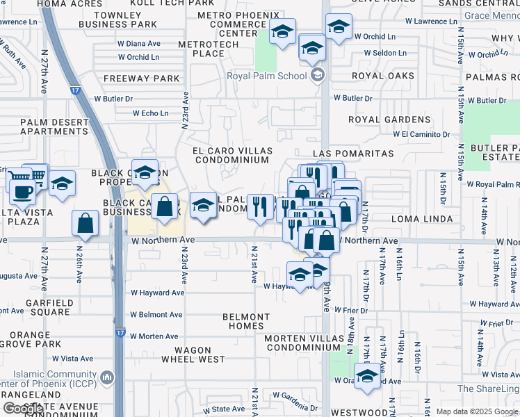 map of restaurants, bars, coffee shops, grocery stores, and more near 2121 West Royal Palm Road in Phoenix