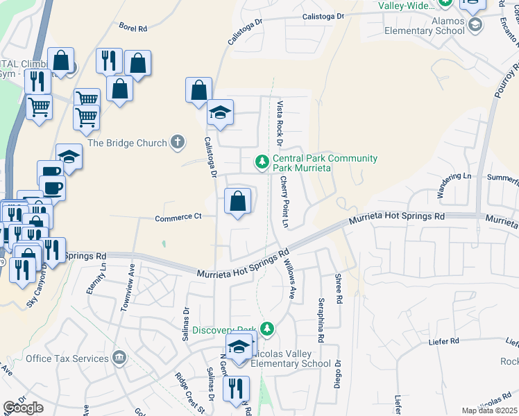 map of restaurants, bars, coffee shops, grocery stores, and more near 38924 Burton Creek Lane in Murrieta