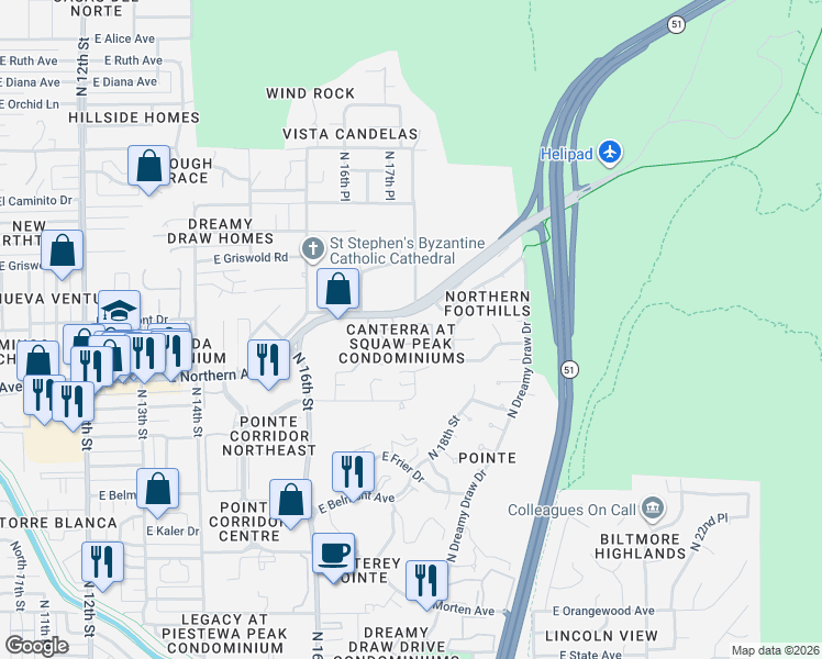 map of restaurants, bars, coffee shops, grocery stores, and more near 1747 East Northern Avenue in Phoenix