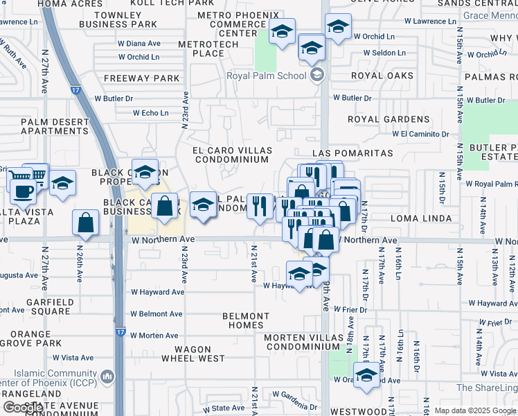 map of restaurants, bars, coffee shops, grocery stores, and more near 2121 West Royal Palm Road in Phoenix