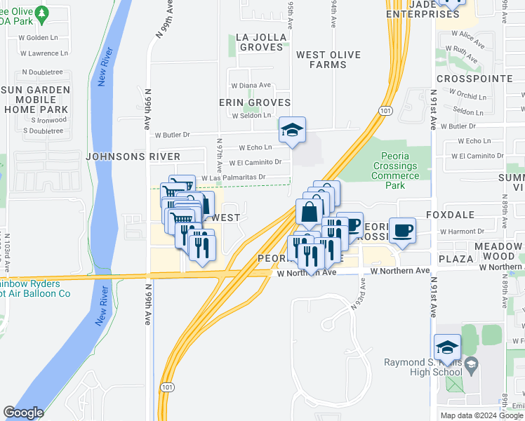 map of restaurants, bars, coffee shops, grocery stores, and more near Powerline Trail in Peoria